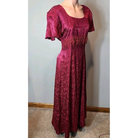 Vintage 90s Dress Floral Brocade Satin 3D Rose Lace Red Gilded Age Holiday Large - Picture 3 of 11